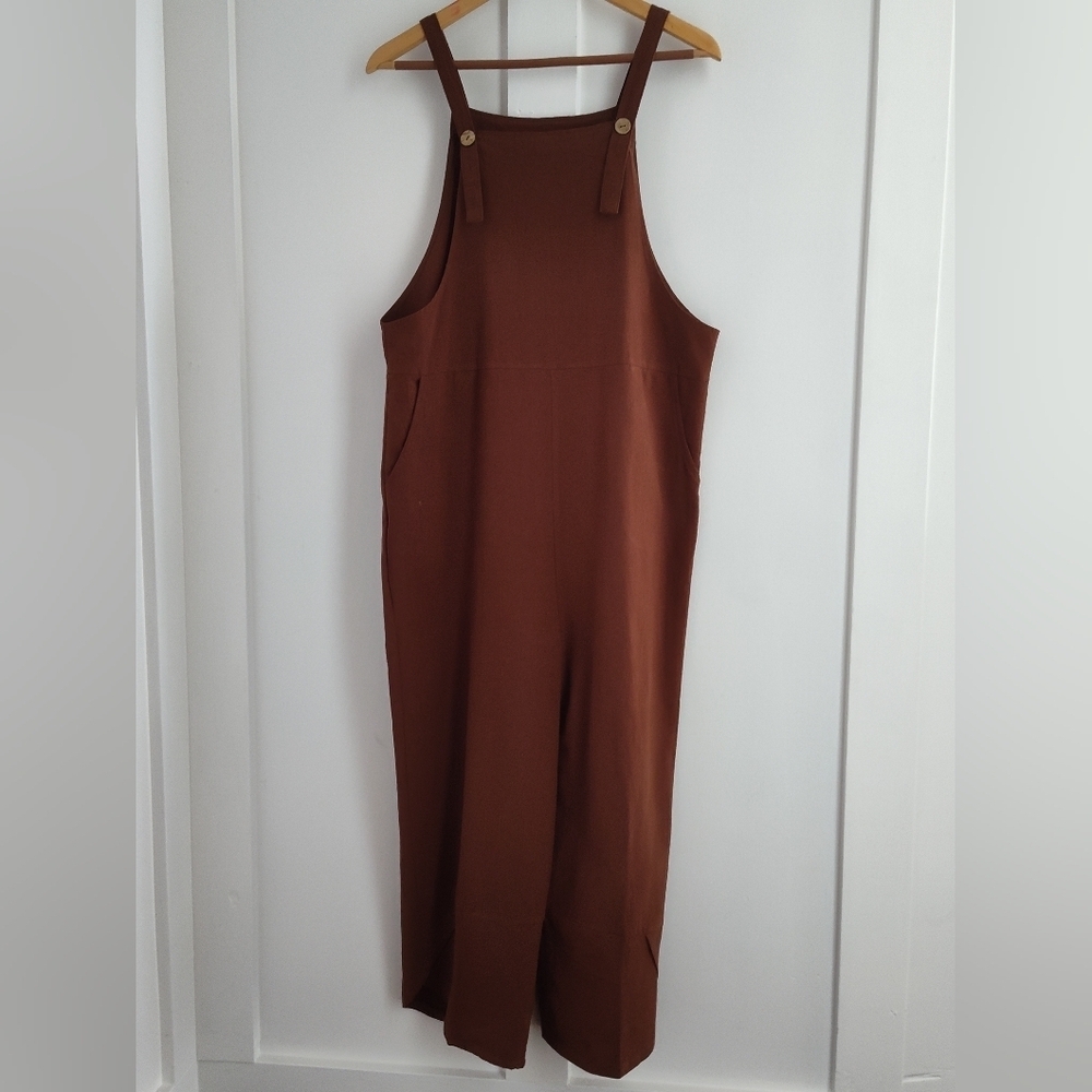 Women's Cinnamon Brown Boho Cotton Flax Overall Romper | Size Medium - Picture 3 of 8